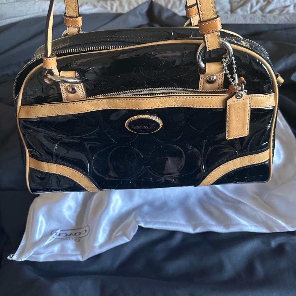 Coach Glossy Black and Tan Satchel